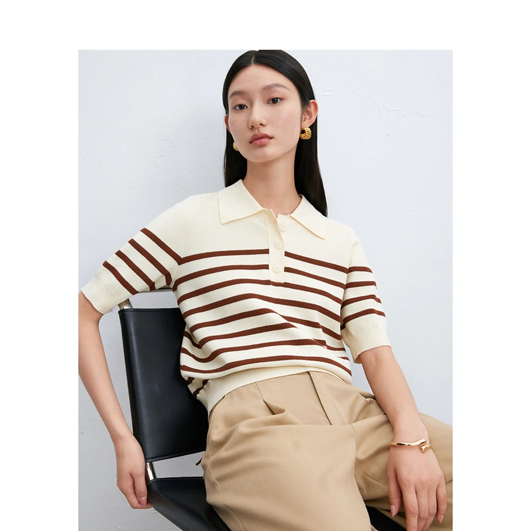 迪赛尼斯通勤风气质宽松条纹Polo领薄款毛针织衫女