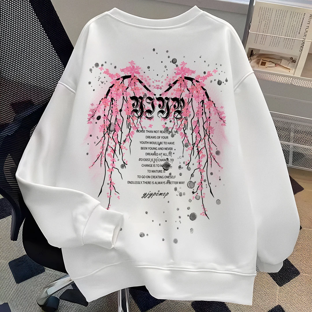 美式重磅圆领卫衣男生青少年秋冬季新款宽松百搭樱花印花男生卫衣