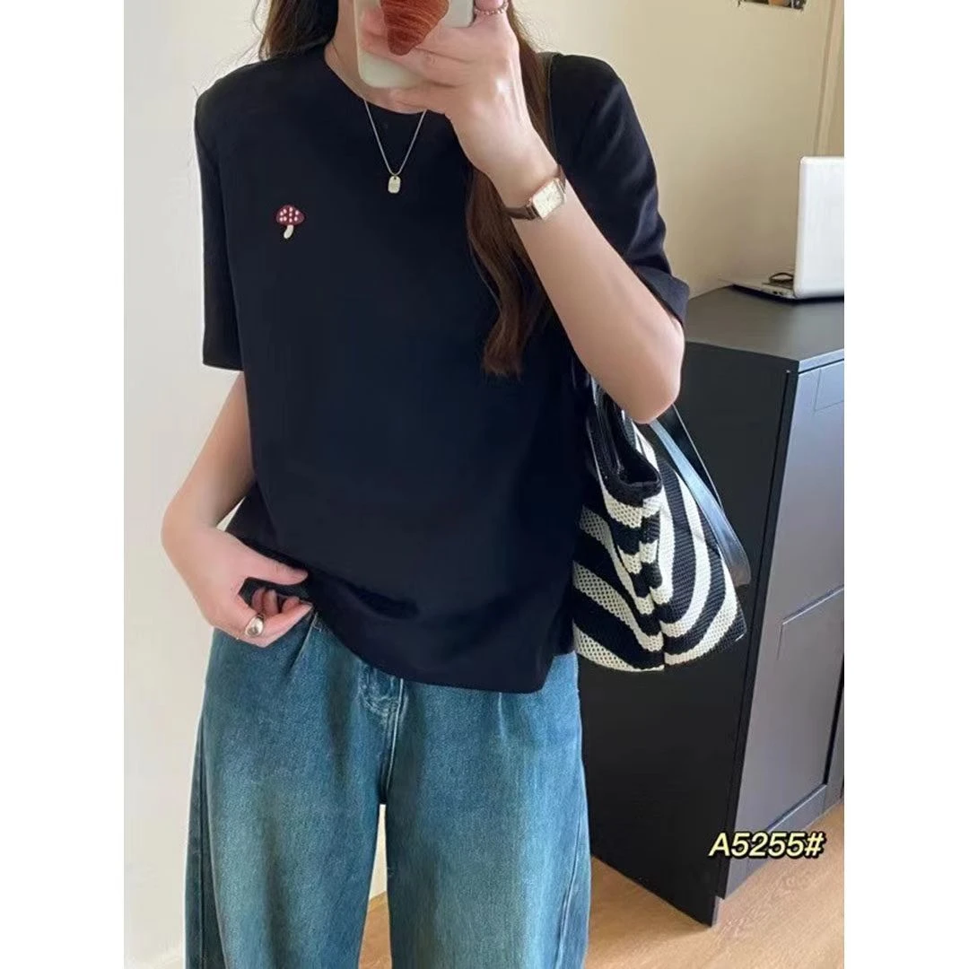 32 夏季短袖蘑菇刺绣弹力纯色T恤上衣