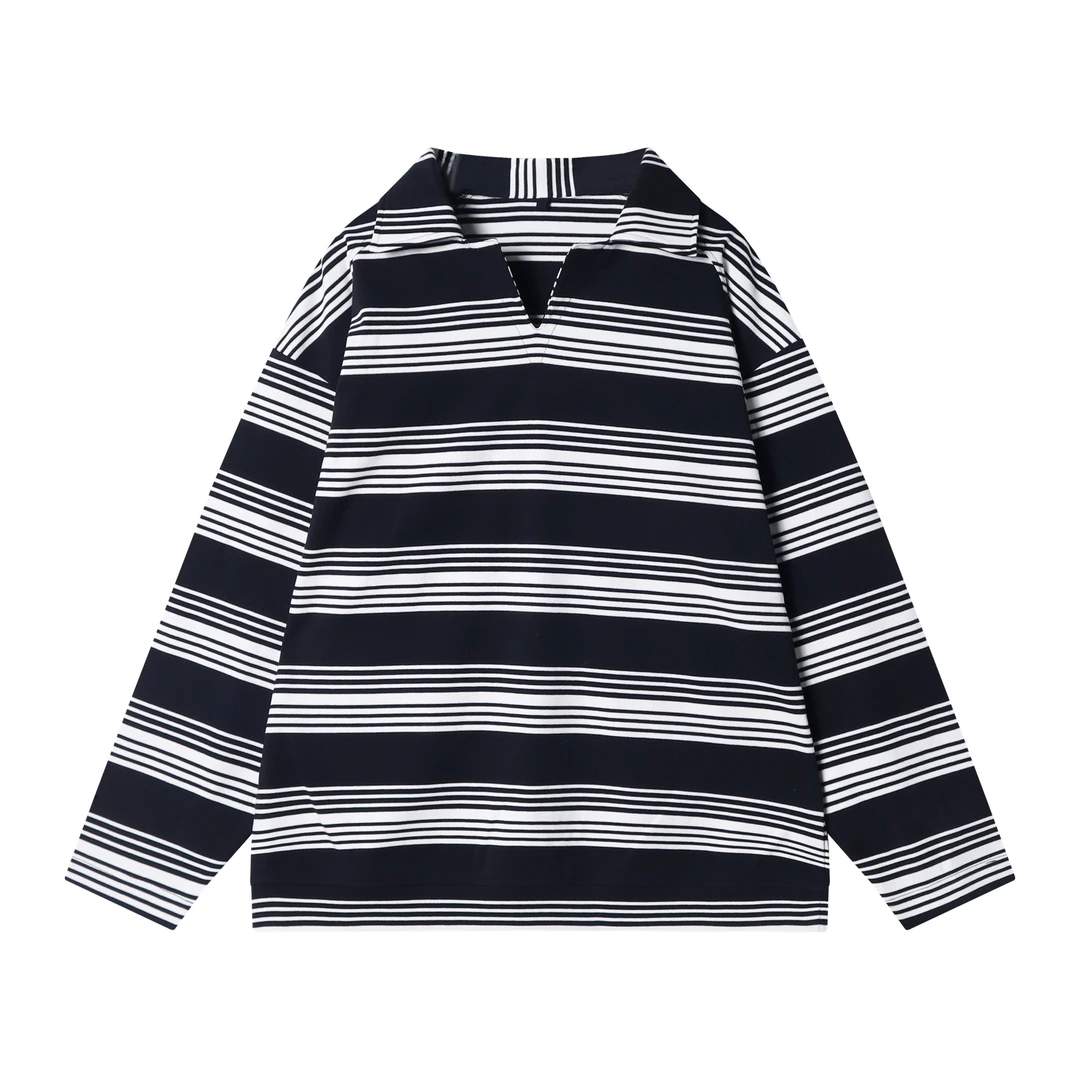 早春新款时尚个性韩版条纹小V翻领长袖T恤百搭情侣潮流套头上衣