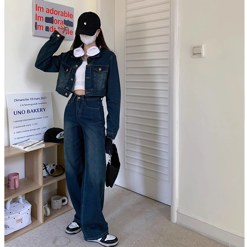 高端牛仔套装两件套春秋女神范小香风洋气减龄休闲时尚复古阔腿裤