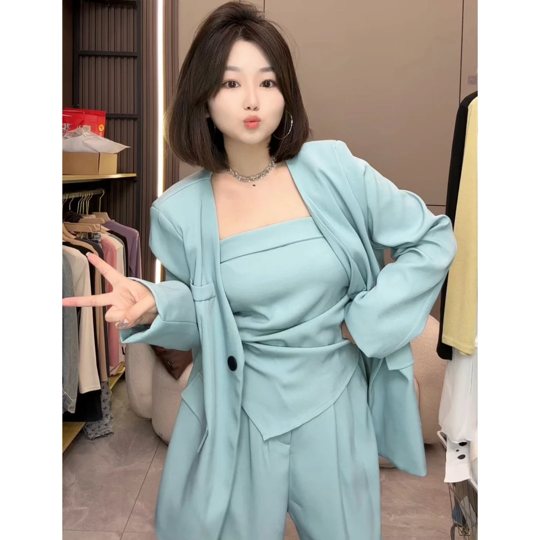 【慧雯儿微胖定制】春季新品韩版西服外套+抹胸+西服阔腿裤套装女