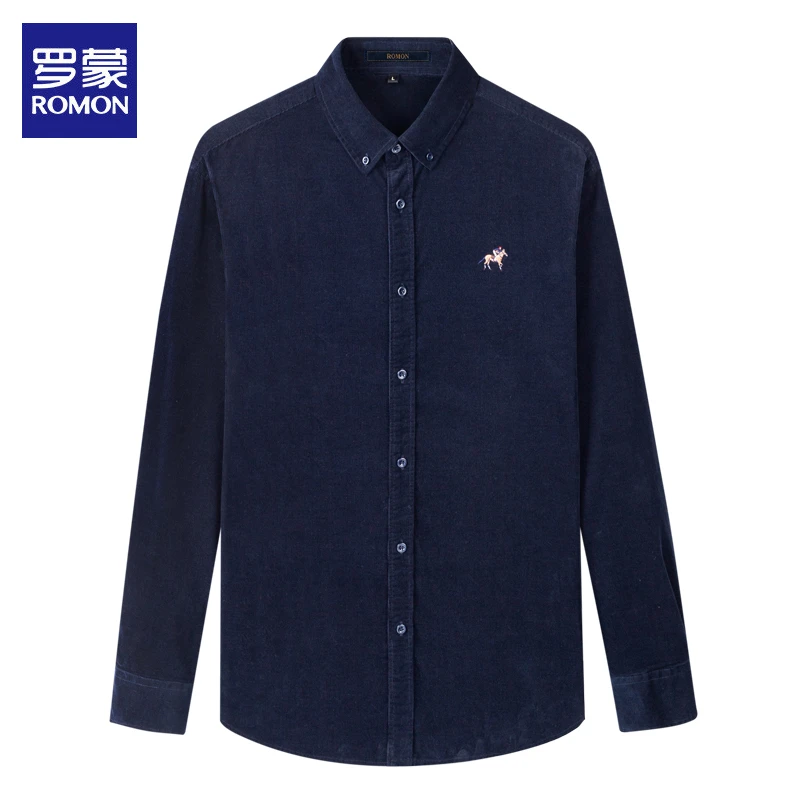 罗蒙纯棉灯芯绒衬衫男士春秋季休闲衬衣长袖商务纯色刺绣修身男装