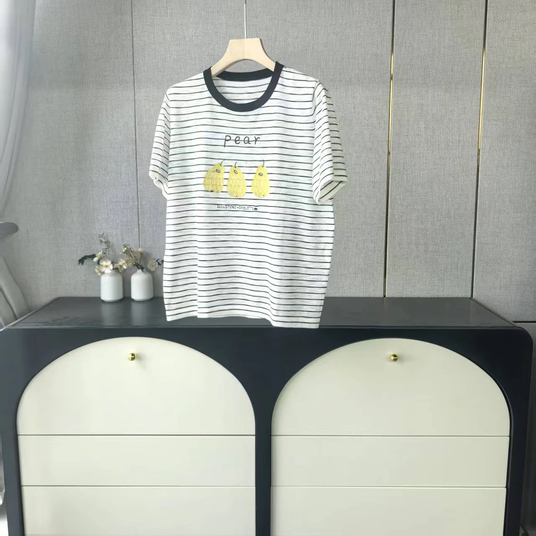 木子家I   10232【梨条纹短袖】卡通刺绣撞色短袖