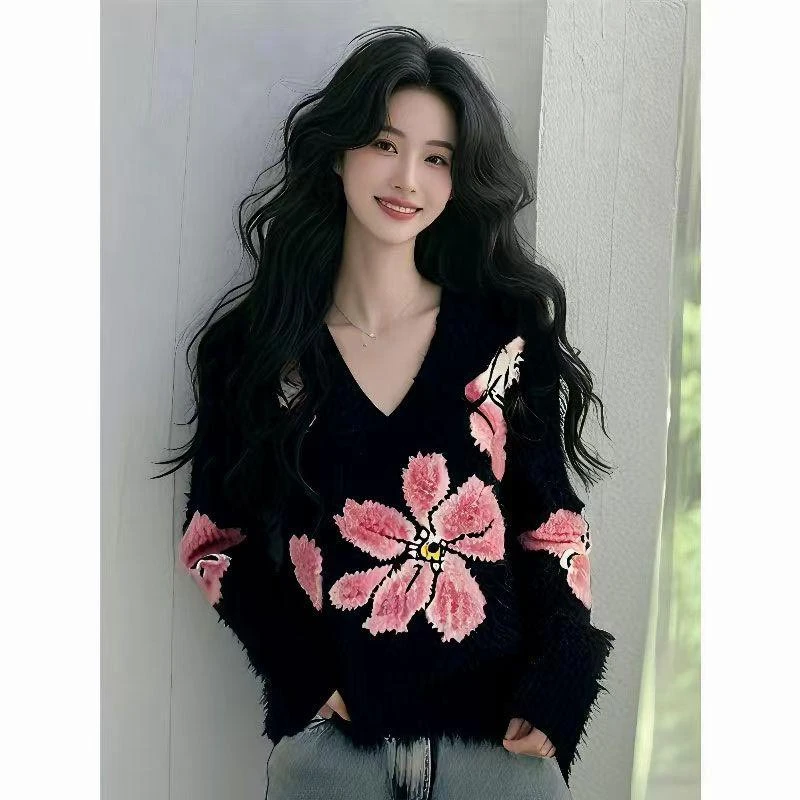 2025年春季新款韩版v领花朵宽松毛衣女时尚设计感百搭针织衫上衣
