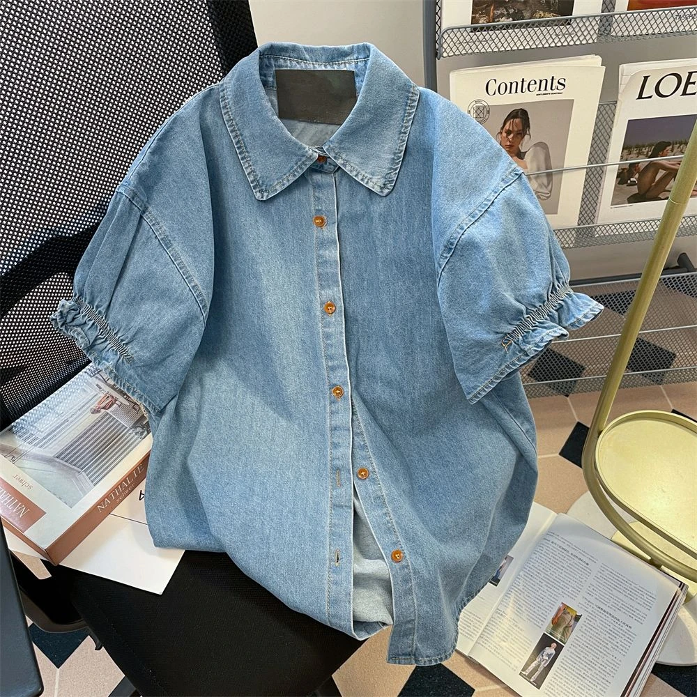 300斤特大码小众设计感做旧牛仔短袖衬衫女胖mm宽松显瘦百搭上衣