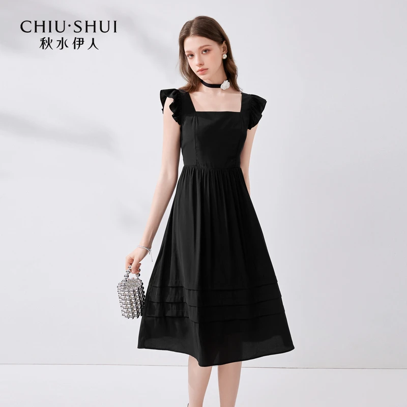 【品牌折扣】秋水伊人小清新方领连衣裙女飞飞袖中长裙624204A02056