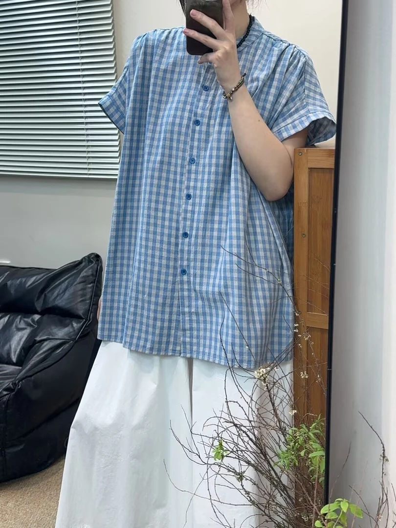 圆领单排扣蓝色格子衬衫女2025年独特超好看上衣宽松开衩纽扣上衣