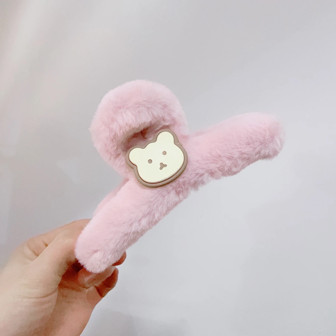 秋冬新款小熊毛绒抓夹鲨鱼夹大号后脑勺盘发高级感毛毛发夹3845