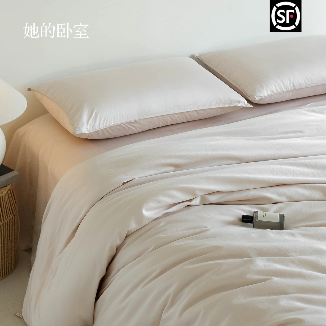 她的卧室A类砂洗天丝棉四件套床单被套纯棉纯色裸睡高级床上用品
