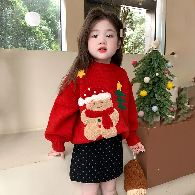 女小童圣诞加厚毛衣冬季女宝宝保暖针织上衣冬装小女孩红色打底衫