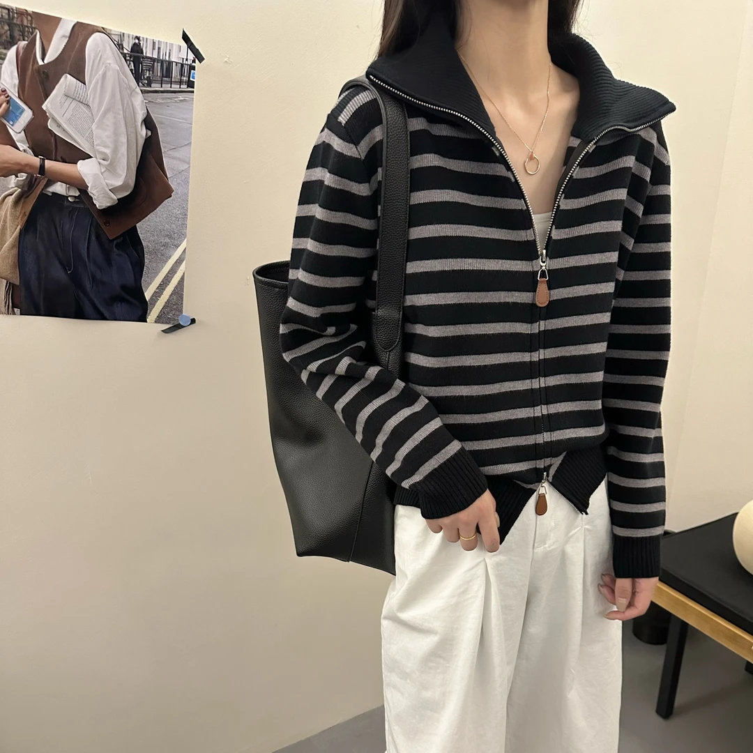 2025秋冬新款羊毛衫拉链开衫条纹加厚秋冬新款毛衣半高领气质女装