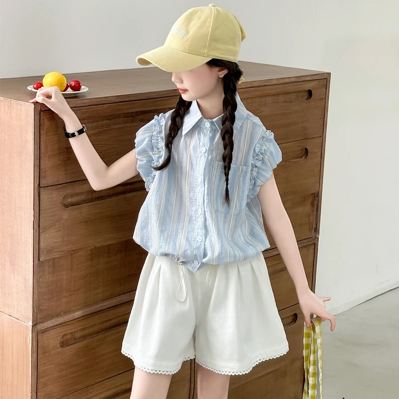 女童夏装衬衫套装2025夏季新款韩版中大童洋气衬衣儿童短袖两件套
