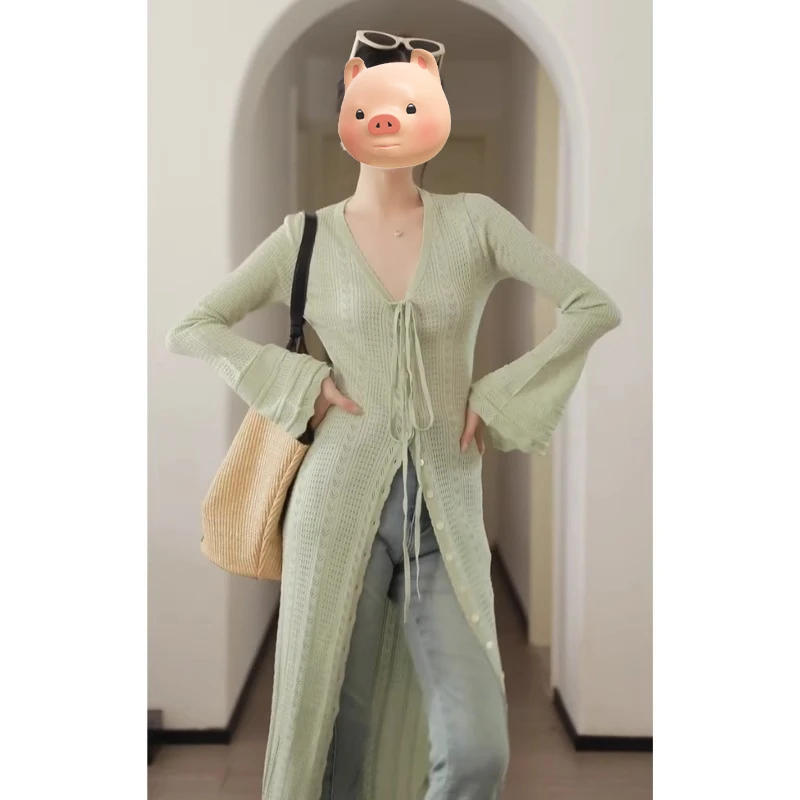 法式V领绿色镂空冰丝防晒针织开衫女夏季薄款开叉中长款绑带上衣