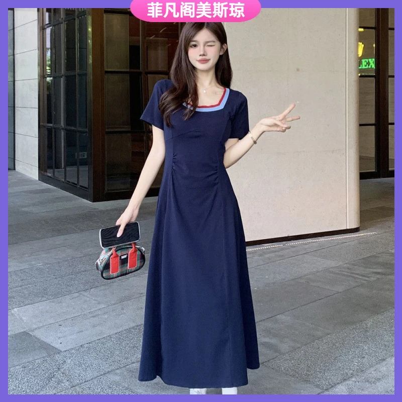 I2025时尚大码女装收腰显瘦连衣裙胖遮肉长裙短袖字裙气质修身l