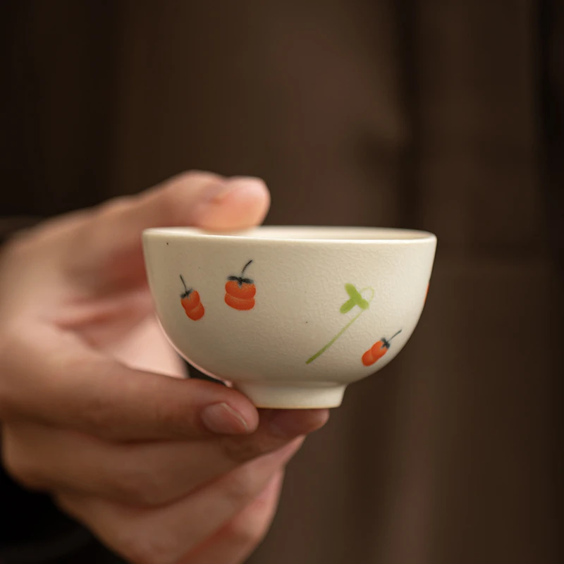 苏打釉柿柿如意茶杯陶瓷品茗杯闻香杯小号主人杯创意开片可养茶盏