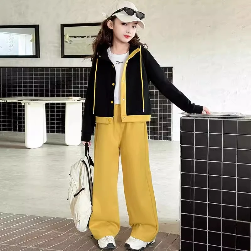 女童春款2025新款洋气女大儿童春秋装休闲开衫外套阔腿裤运动套装