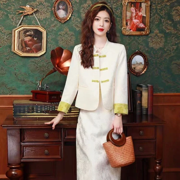 国风复古新中式提花小香风通勤长袖短款女外套拼接网红百搭爆款