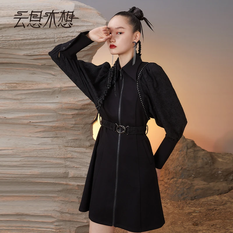 云思木想摩登中国风2022秋季新款蕾丝花边+提花连衣裙49942