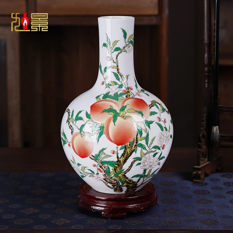 手绘粉彩福寿九桃天球瓶新中式客厅博古架摆件景德镇陶瓷器花瓶