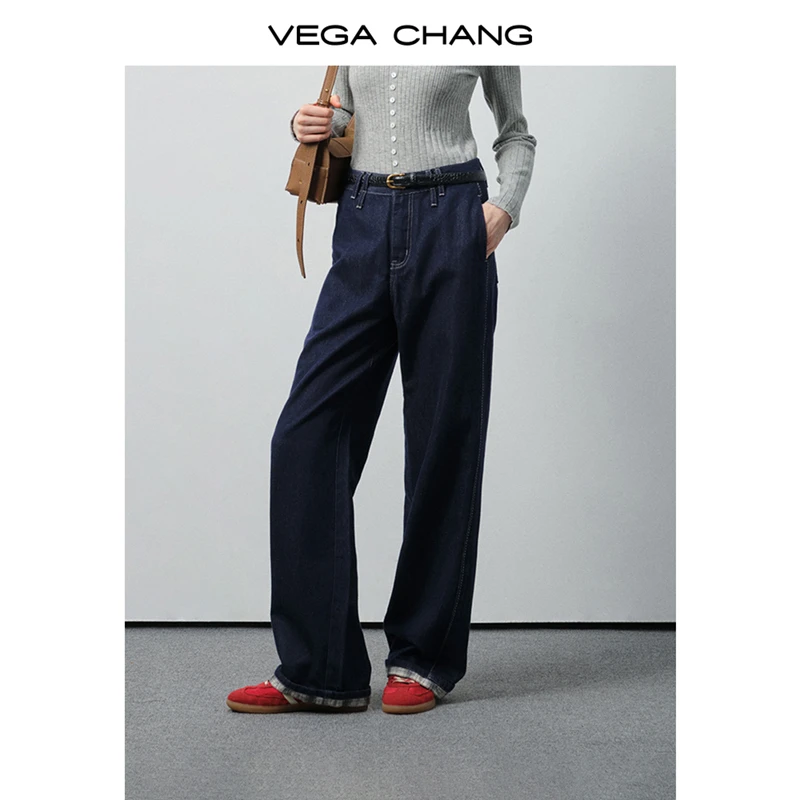 VEGACHANG【垂坠呼吸】牛仔裤女2025新款秋季拼接直筒长裤0583JJ