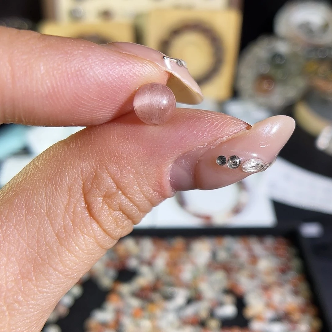 烟晶手链银S925镶嵌6咪粉拉丝猫眼单珠