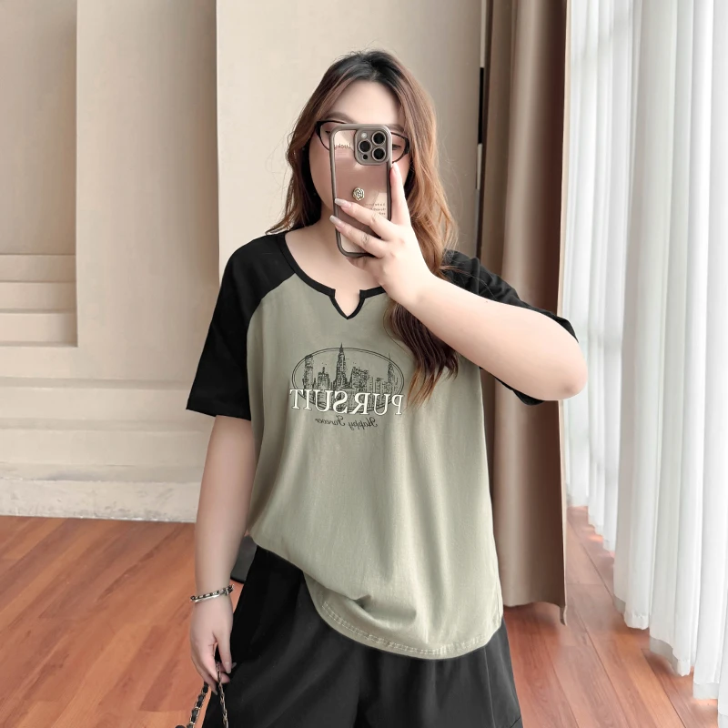 DX7408大码女装【美式街头T】复古印花插肩短袖胖mm夏季显瘦圆领T恤