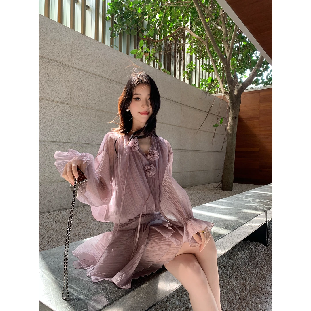 ICELOLLY【鸢尾紫烟】花朵穿搭紫色长袖开春漂亮连衣裙女独特裙子