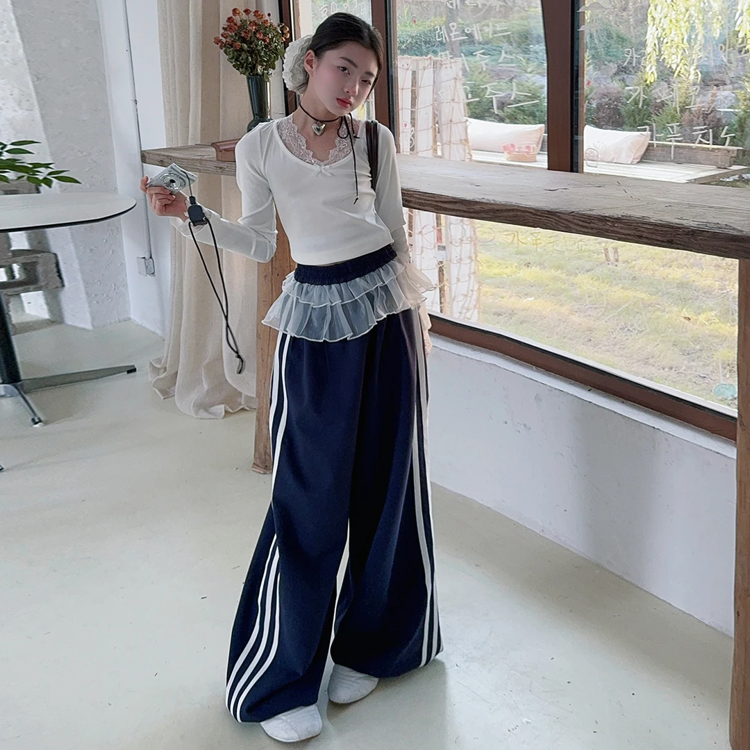 女童套装春秋新款中大童蕾丝拼接打底衫高腰花边休闲裤两件套2025