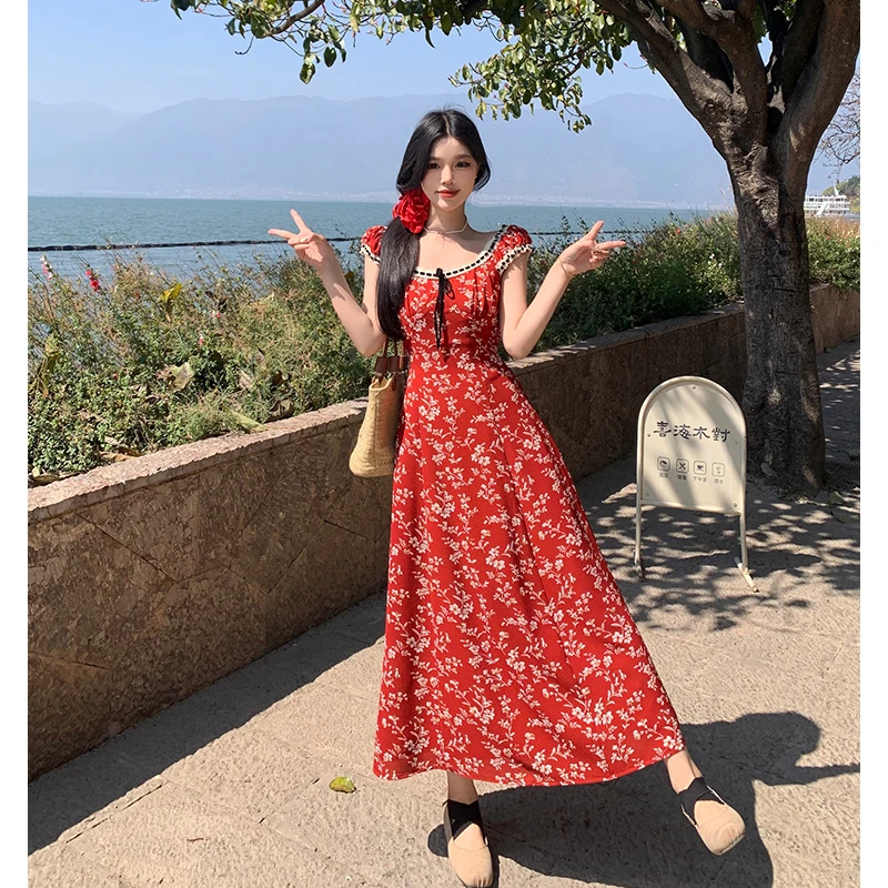 大码【花间絮语】夏季新款式复古红色碎花连衣裙女收腰显瘦茶歇长裙