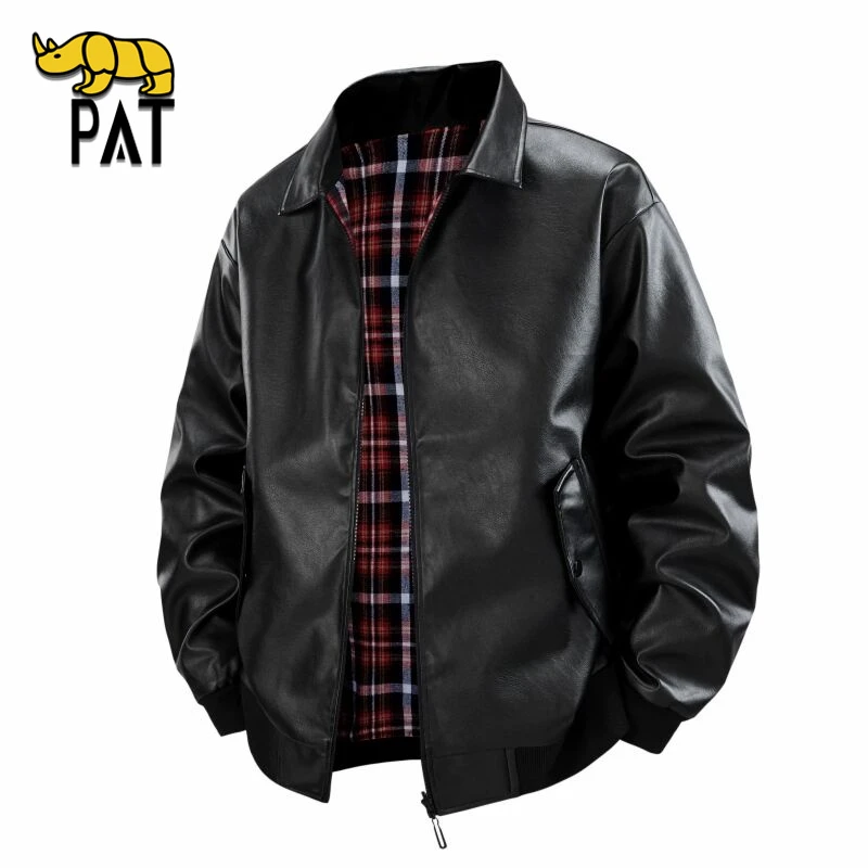 PAT平安犀牛复古双面穿皮夹克男士2025新款美式休闲PU皮格子上衣