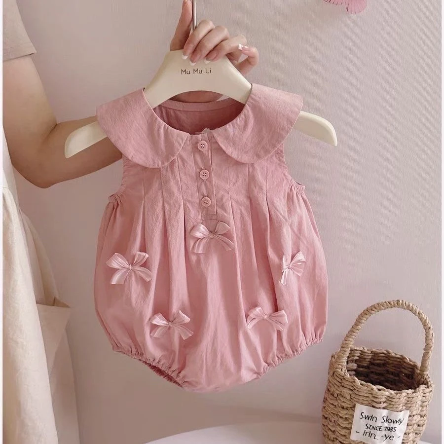 2025年新款女宝宝包屁衣公主风蝴蝶结粉色哈衣清新夏季外出衣服潮