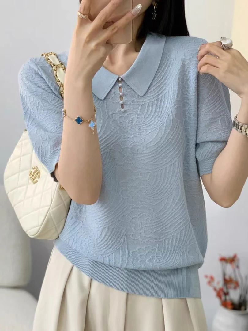 【祥云-浮雕短袖】高定线下商场款 羊毛桑蚕丝9700