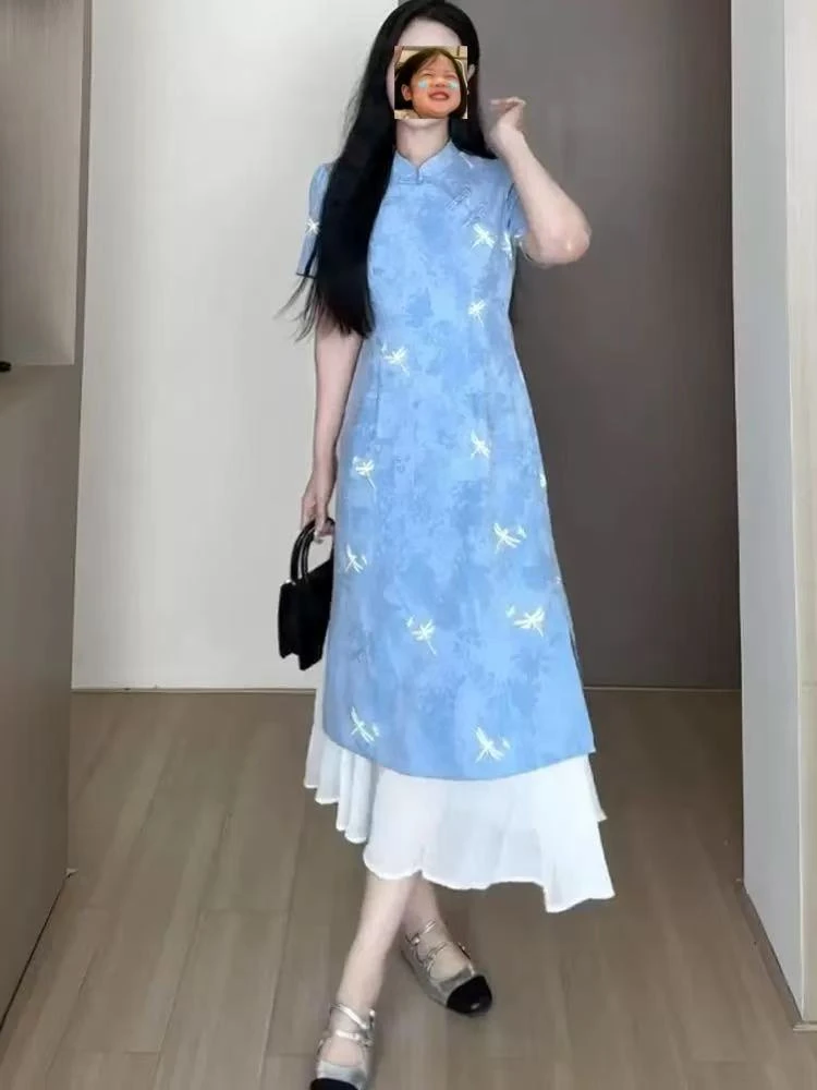 女装日常高腰夏季纯色大码连衣裙长款蓝色提花圆领印花9520