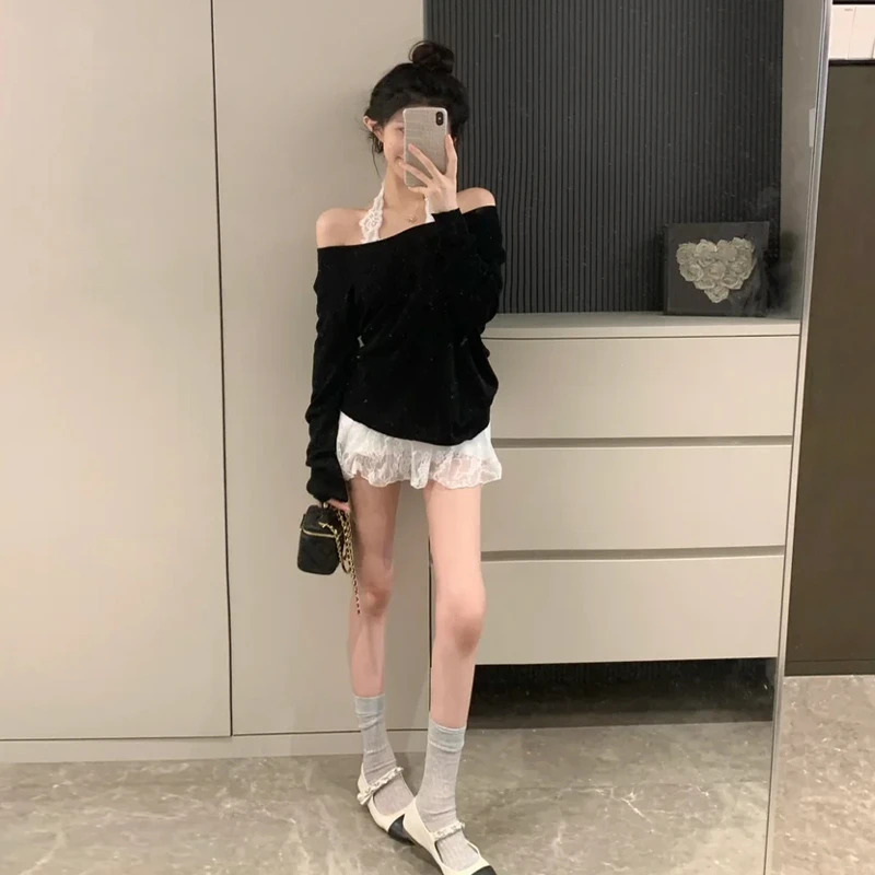 白色蕾丝挂脖吊带打底衫女2025新款内搭独特露肩针织衫上衣7313
