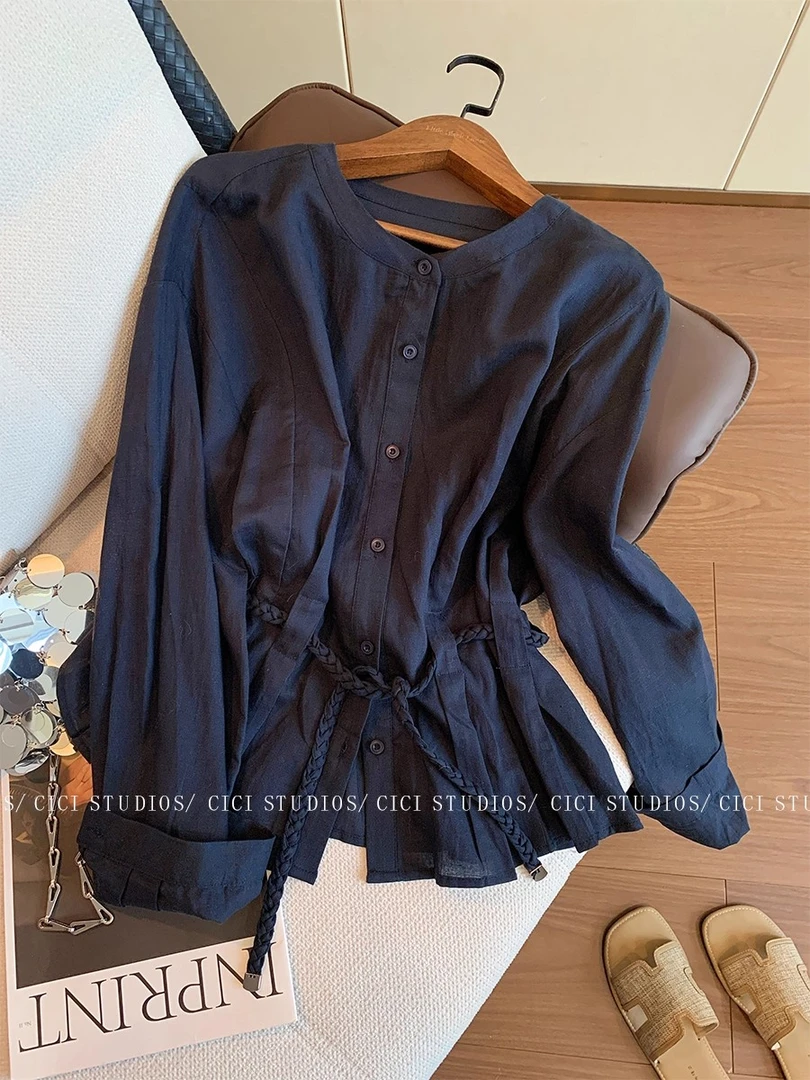 法式圆领长袖系带收腰衬衫女秋季2025新款高级感时尚减龄复古上衣