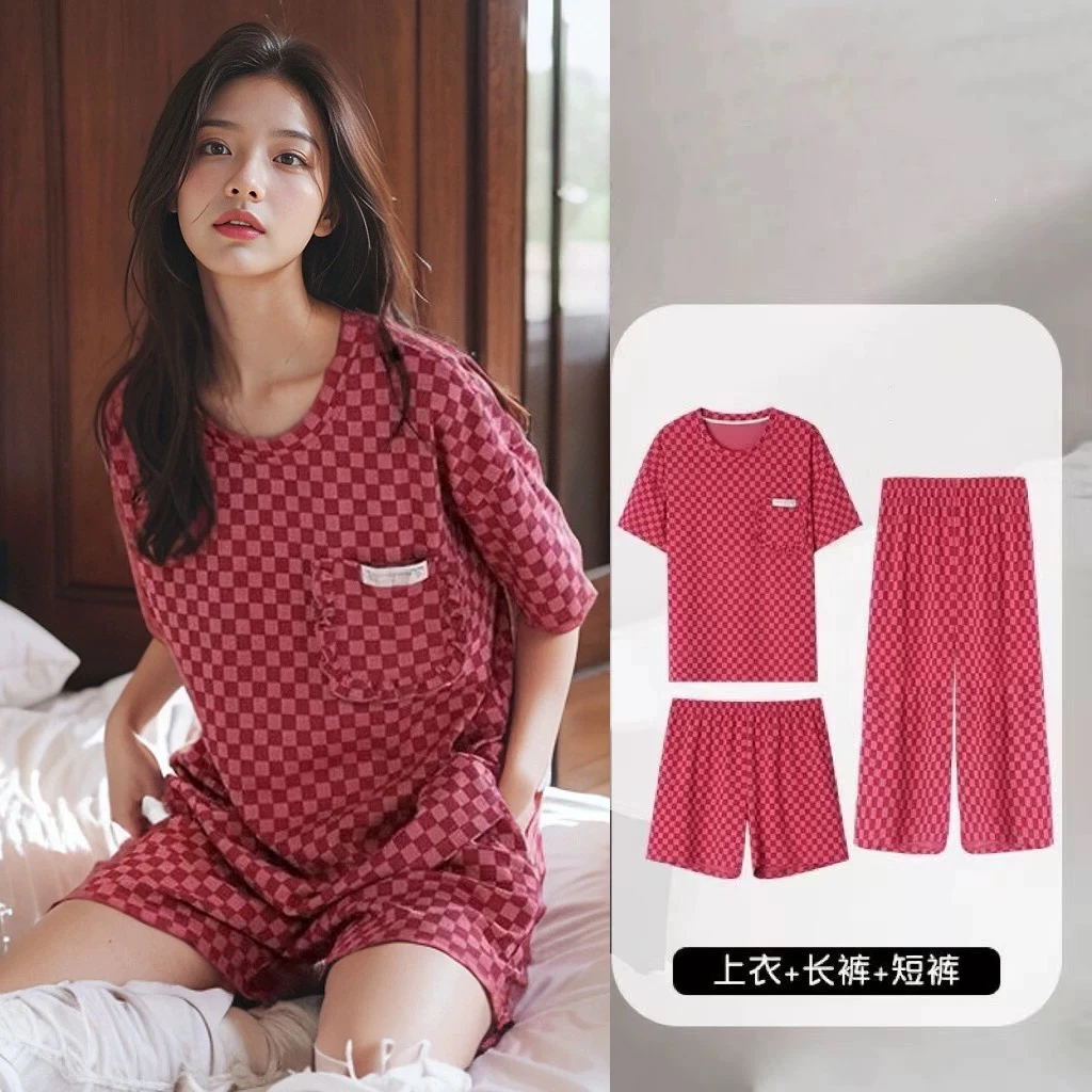 爆款睡衣女夏季2025新款薄款纯棉短袖三件套装女士甜美休闲家居服