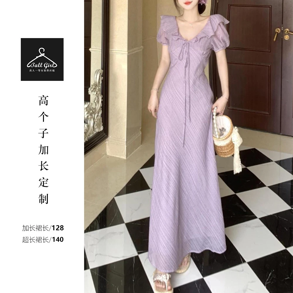 【粉粉紫紫裙】高个子夏季温柔风荷叶边V领泡泡袖显瘦收腰连衣裙 25