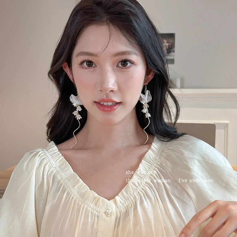 合金布艺耳饰 法式仙气白色薄纱花朵流苏耳环耳钉耳钩耳坠耳饰品