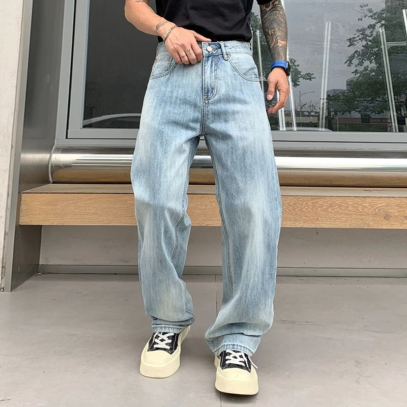 2025夏季高街潮牌水洗冰蓝浅色宽松直筒牛仔裤男士百搭牛仔裤