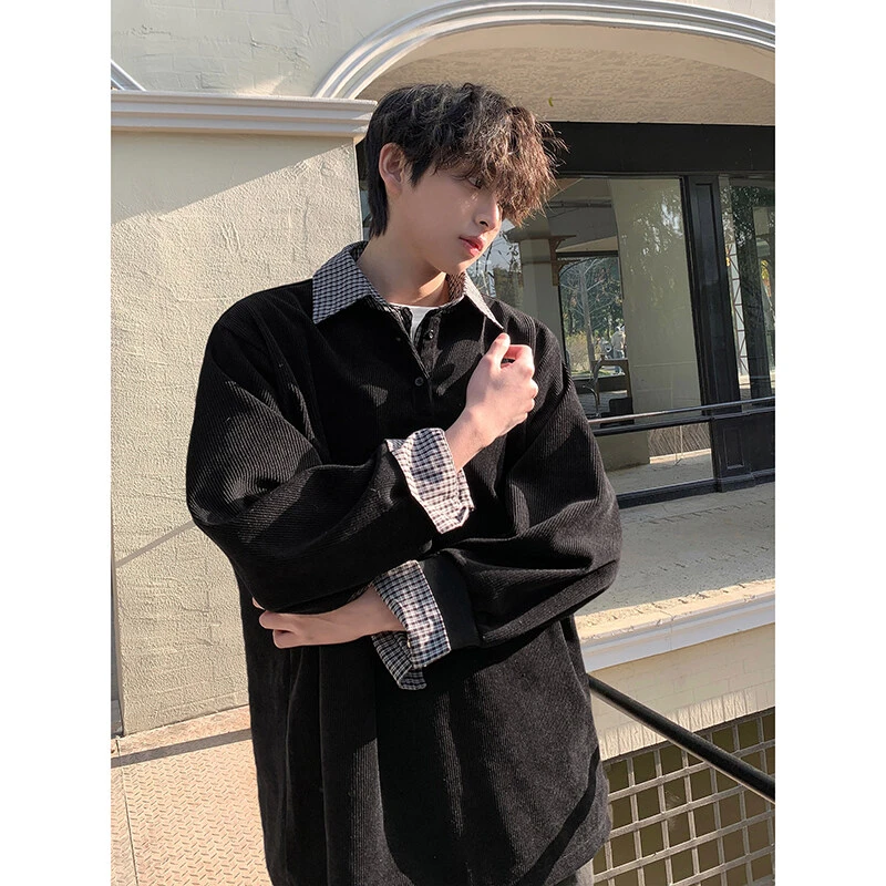 拼接假两件翻领卫衣男款韩版设计感Polo衫长袖T恤美式内搭打底衫