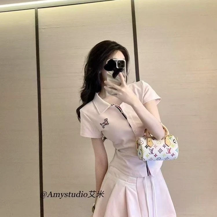 韩系夏季新款韩版百搭修身显瘦纯棉短袖高腰上衣短裙套装