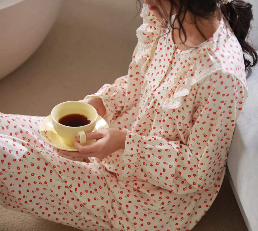 主播同款灰色上衣刺绣小狗睡衣女春秋短袖长裤家居服套装705/741