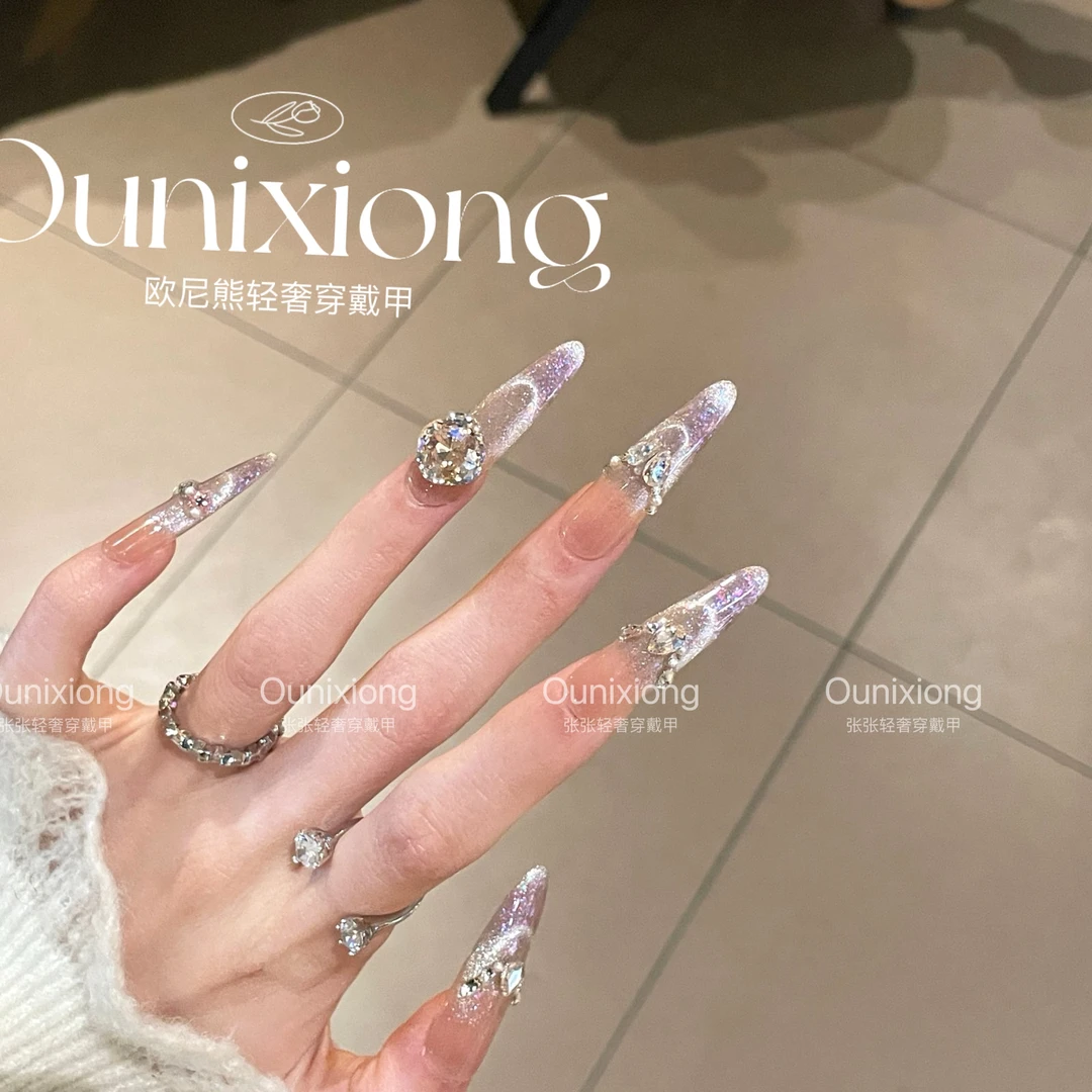 桃粉欧泊纯手工美甲穿戴甲纯欲粉色渐变微笑猫眼美甲纯手工穿戴甲