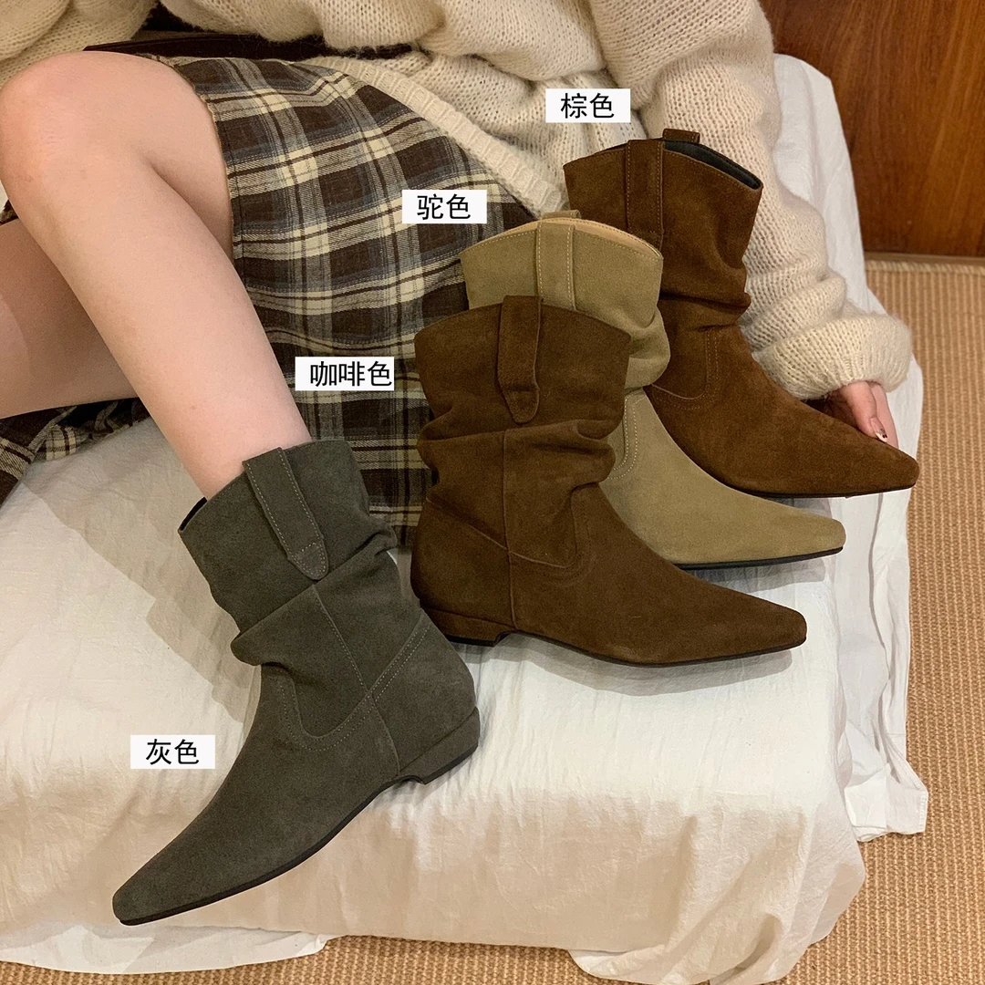 牛皮复古中筒靴真皮尖头棕色低跟堆堆靴女秋冬新款短靴时装马丁靴