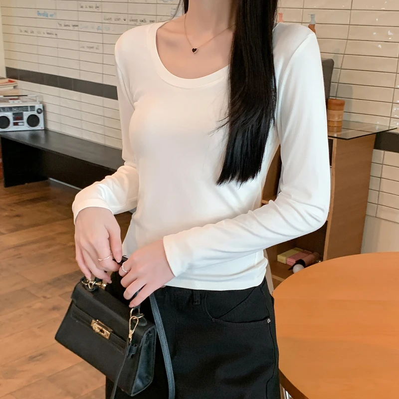 1053-长袖t恤女U领2025春季修身保暖加厚正肩内搭打底衫