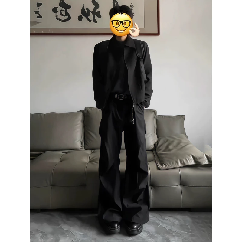 美式cleanfit褶皱微喇裤子男款ootd穿搭工装直筒裤垂感弯刀西裤