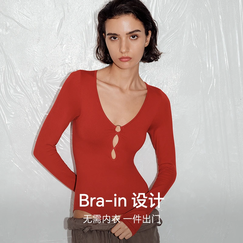 轻塑形时尚深V镂空深V长袖紧身连体衣显瘦秋冬