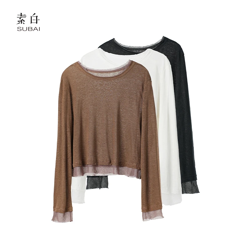 素白显瘦时尚【亚麻针织】90508夏季圆领休闲百搭透气麻料针织T恤