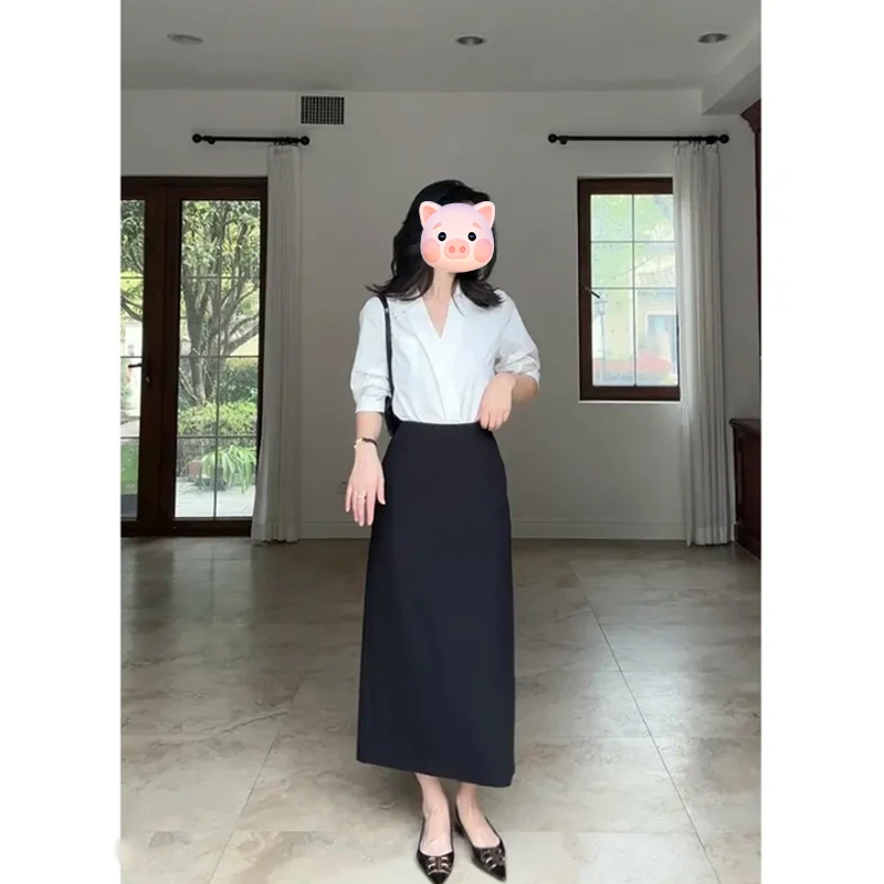 2025春季法式新款时尚高级感显瘦白色V领衬衫黑色半身裙二件套女